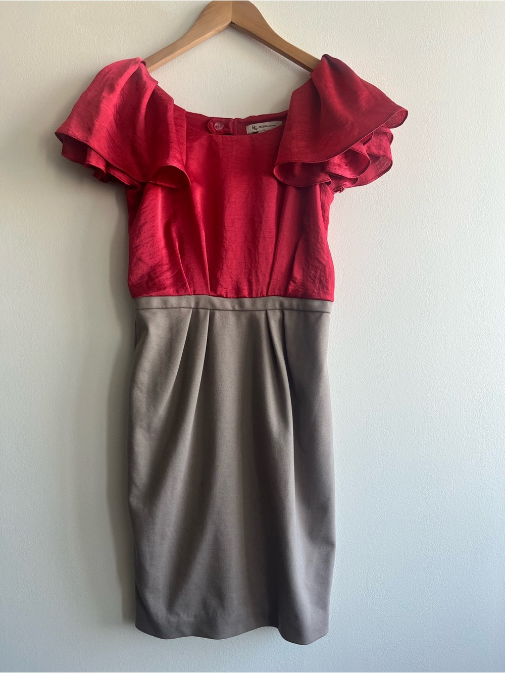 Y2K BCBG Red Ruffle Sleeve Midi Dress Satin Glam Sz 2